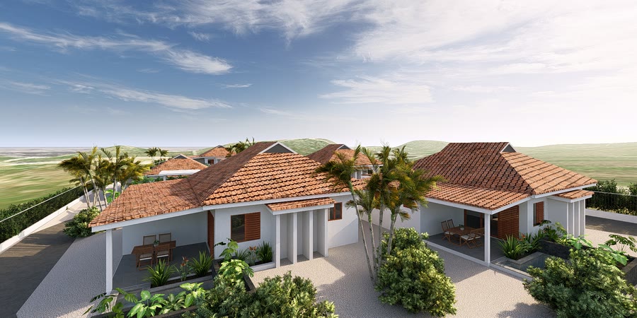 Two villas side by side with palms between